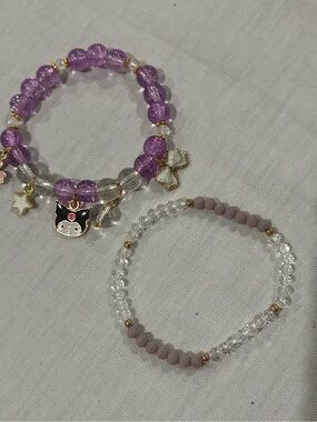 Purple Beaded Kids Charm Bracelet Set with Clear Accent Beads